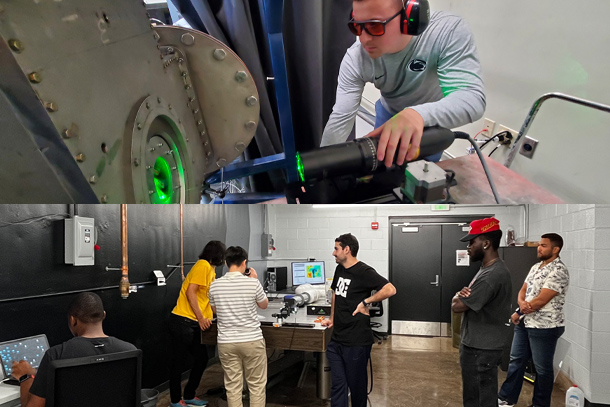Collage of researchers working on equipment