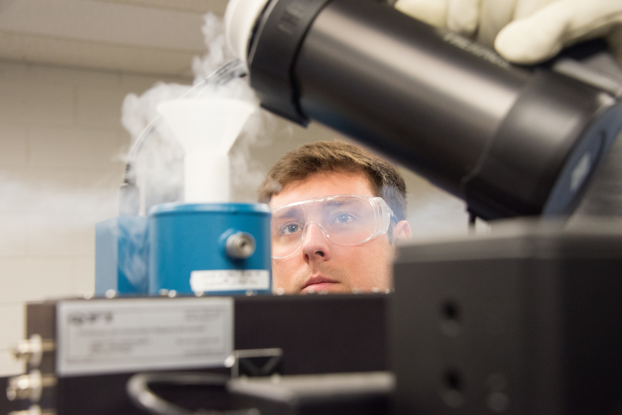 James Spencer Lundh, graduate student studying mechanical engineering, uses liquid nitrogen. 