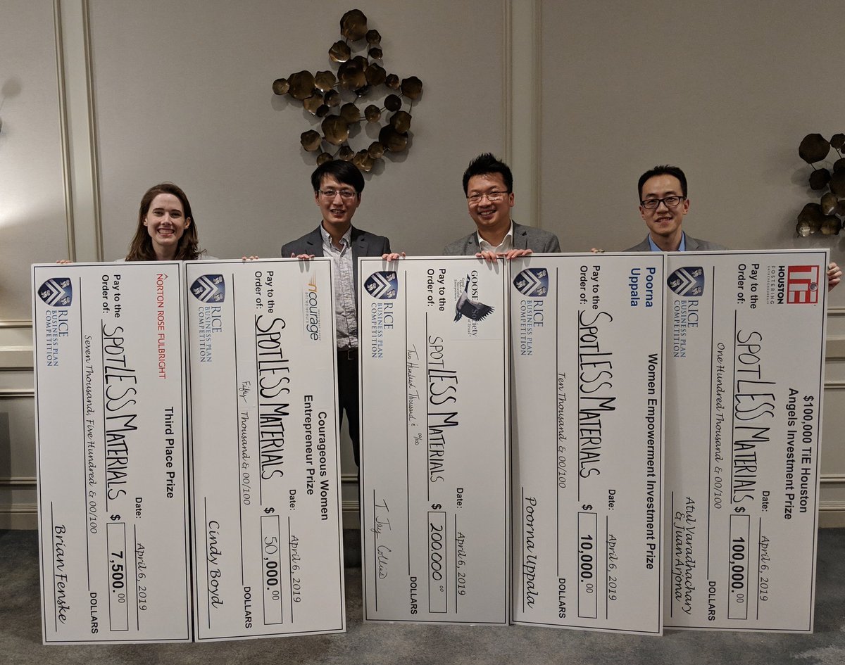 spotLESS Materials LLC, a startup company developed from research conducted in the Penn State Department of Mechanical Engineering, won third place.